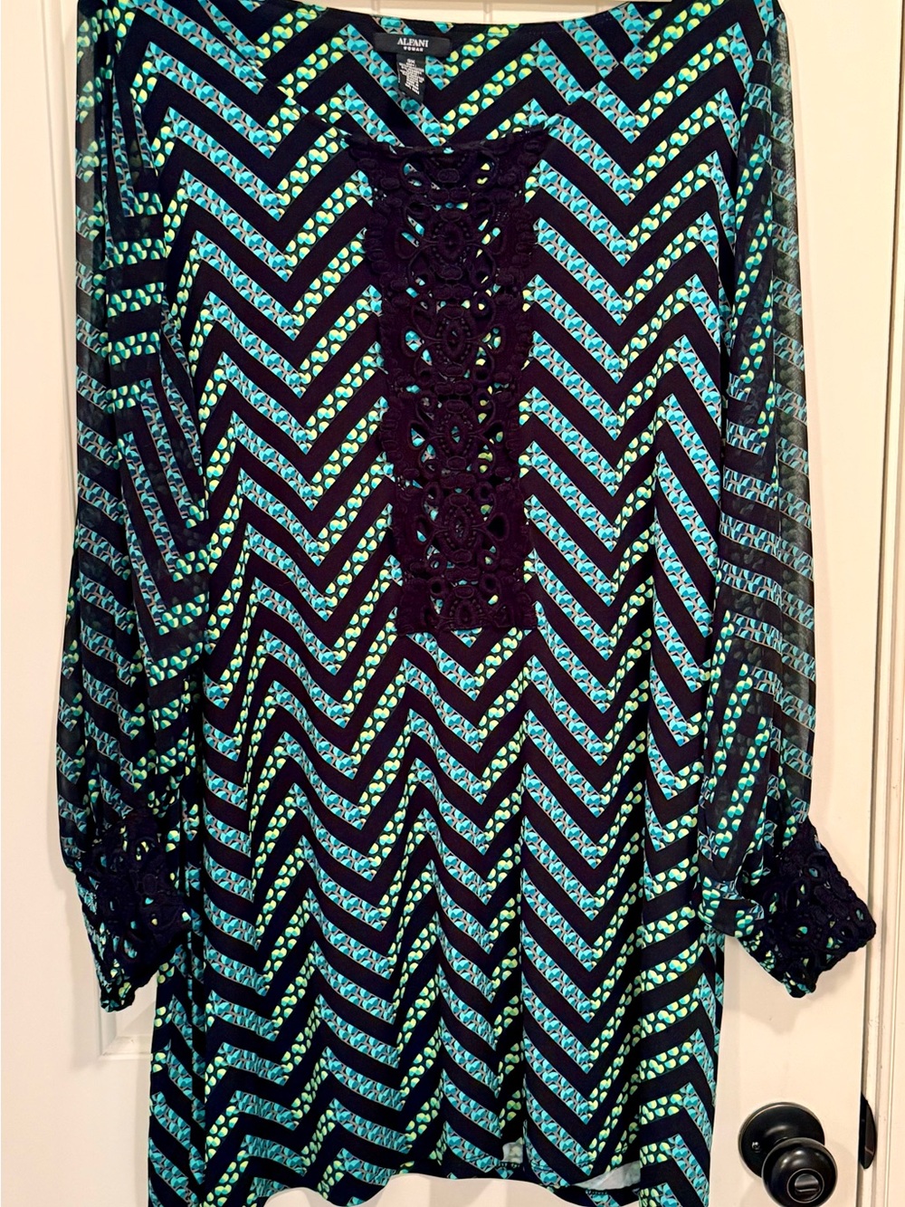 Alfani Teal, Black, & Lime Green Chevron Lace-Trim Tunic Dress